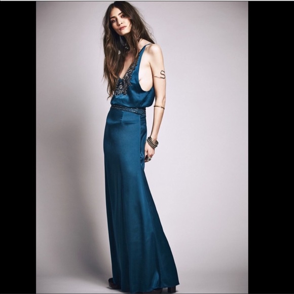 NWT Free People & Candela Satin Jeweled Maxi Gown Size 6 - Picture 6 of 12